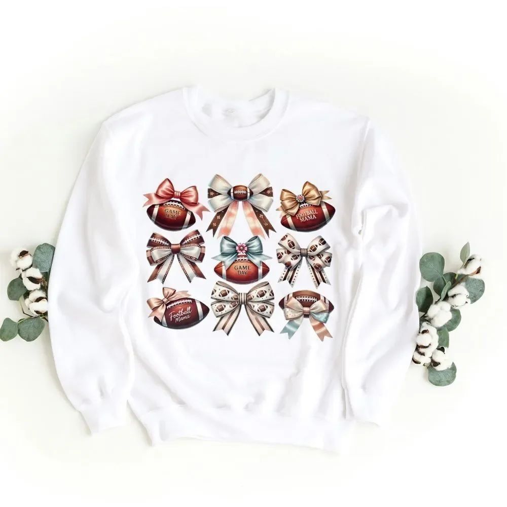 White Sweatshirt with Football and Bow Design